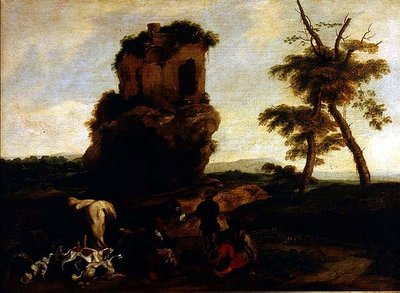 Paysage avec des voyageurs se reposant près d