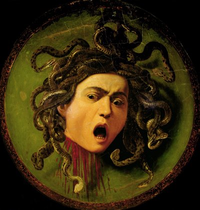 Méduse, peinte sur un bouclier de joute en cuir, c.1596-98 (avant restauration) - Michelangelo Merisi da Caravaggio