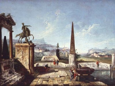 Un caprice de monuments classiques, un obélisque avec des soldats près d