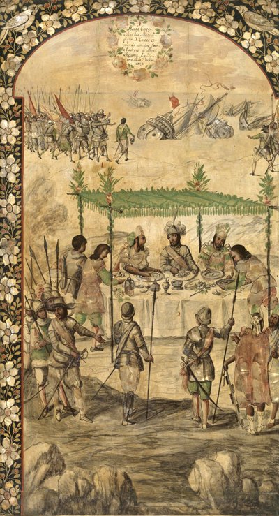 Ordonne la destruction des navires et rencontre les ambassadeurs de Montezuma en 1520 - La conquête du Mexique par Hernan Cortes - Miguel and Juan Gonzalez
