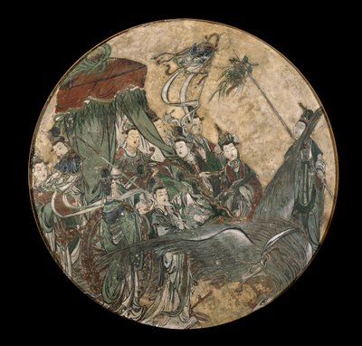 Fresque polychrome représentant une dignitaire féminine tenant un sceptre Ruyi assise dans un char tiré par un phénix - Ming Dynasty Chinese School