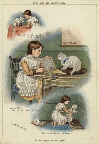 Ethel et son chat blanc (chromolithographie) - Miss Eliza F. Manning