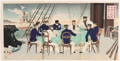 Officiers de marine discutant des stratégies de bataille pour la soumission de la Chine - Mizuno Toshikata
