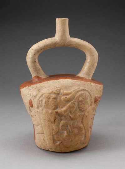 Vase étrier incisé avec scène de bataille surnaturelle - Moche
