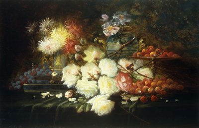 Nature morte avec roses, chrysanthèmes, raisins et fraises - Modeste Carlier