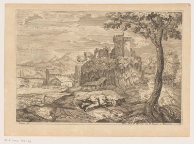 Paysage avec berger au repos, rivière avec pont et moulin à eau en arrière-plan (Paysages d