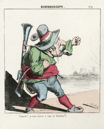 Feuille volante, numéro 5, satirique en couleurs, vers 1870 : Badingoscope - Commune de Paris/Guerre/Siège, Chasse, Président de la République - Napoléon III - Illustration par Moloch (1849-1909) - Moloch
