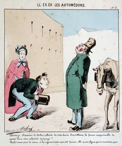 HE. EX. EX. Motoredons : Caricature du transport en ville. Un homme supplie un cocher de transporter lui et sa femme. Le cocher hautain refuse de laisser monter la femme. Dessin de Moloch (1849-1909), vers 1860 - Moloch