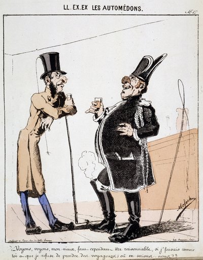 HE. EX. EX. Motoredons : Caricature du transport en ville. Deux cochers discutent autour d