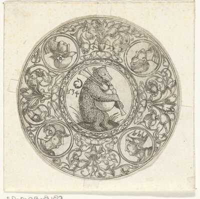 Feuille ronde avec un ours jouant de la cornemuse - Monogrammist CG (Duitsland)