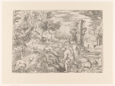 Paysage avec berger et troupeau de moutons - Monogrammist DB (etser 16de eeuw)