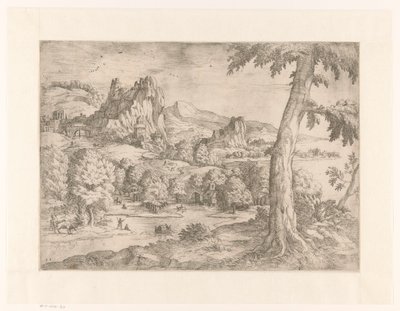Paysage panoramique avec grand arbre - Monogrammist DB (etser 16de eeuw)