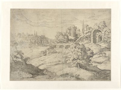 Paysage vaste avec temples classiques - Monogrammist DB (etser 16de eeuw)