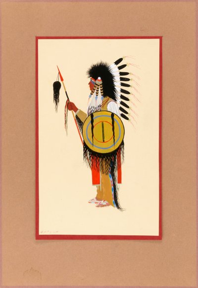 Guerrier Cheyenne en coiffe de plumes avec bouclier - Monroe Tsatoke