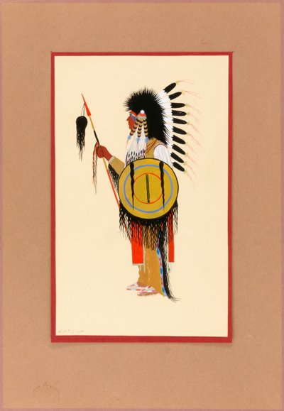 Guerrier Cheyenne en coiffe de plumes avec bouclier, vers 1915-1937 - Monroe Tsatoke