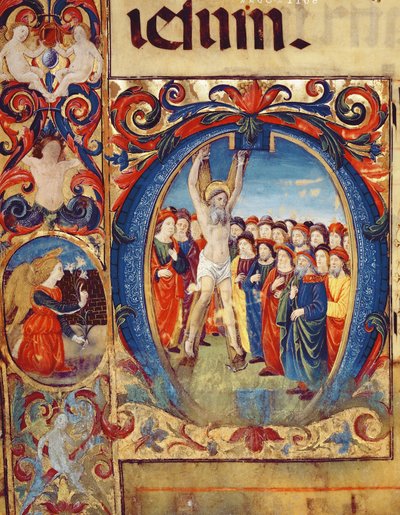Ms 543 f.5v Initiale historiée O avec la Crucifixion de Saint André, d