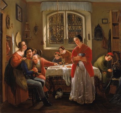 French : The return of the Volunteer from the Liberation Wars to His Family Still Living in Accordance with Old Customs (Le retour du volontaire des guerres de libération dans sa famille vivant en accord avec les anciennes coutumes) - Moritz Daniel Oppenheim