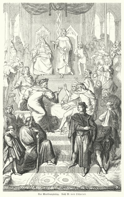 Le Sangerkrieg, un concours entre ménestrels au château de Wartburg en Thuringe en 1207 (gravure) - Moritz Ludwig von (after) Schwind