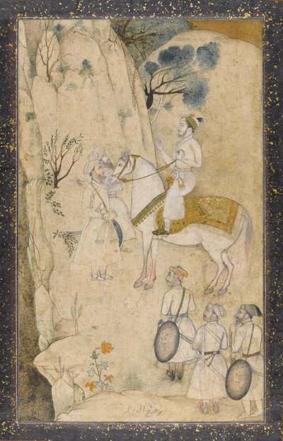 Un prince à cheval, avec cinq serviteurs, regardant une cascade - Mughal School
