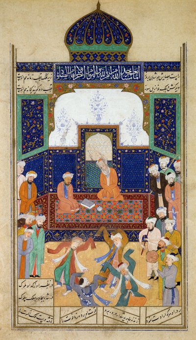 Derviches dansant au son de la musique devant leur cheikh et un disciple, de Khamsah du prince Khusrau, Matla al-Anvar, 1485 (890 Hijra) - Mughal School