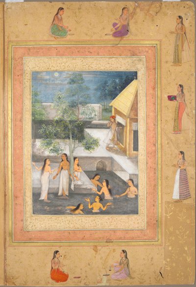 Scène de bain nocturne dans le harem (recto) : Calligraphie encadrée par une bordure ornementale de fleurs et d