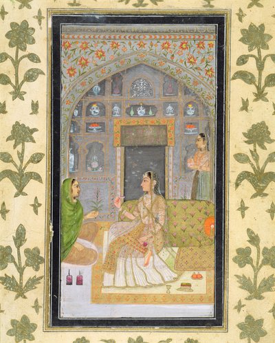 Dame assise dans un pavillon avec des serviteurs, du Petit Album Clive - Mughal School