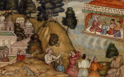 Villageois rendant hommage à un homme et sa famille assis sur une véranda ornée de guirlandes, vers 1585 - Mughal School