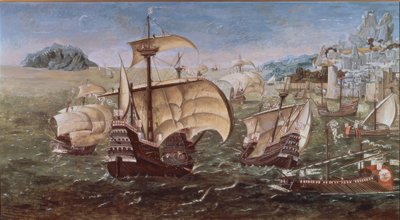 Embarcations portugaises sur une côte rocheuse – XVIe siècle – Copie de l