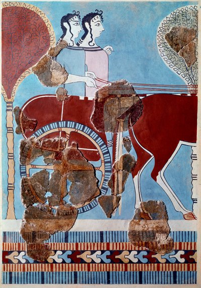 Art mycénien : couple sur un char. Fragment de fresque du palais de Tirynthe et reconstitution - Mycenaean