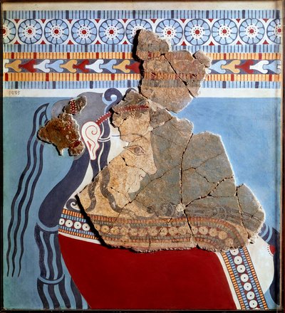 Art mycénien : buste féminin. Fragment de fresque du palais de Tirynthe et reconstitution - Mycenaean