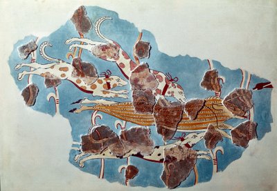 Art mycénien : scène de chasse, des chiens poursuivent un sanglier. Fragment de fresque du palais de Tirynthe et reconstitution - Mycenaean