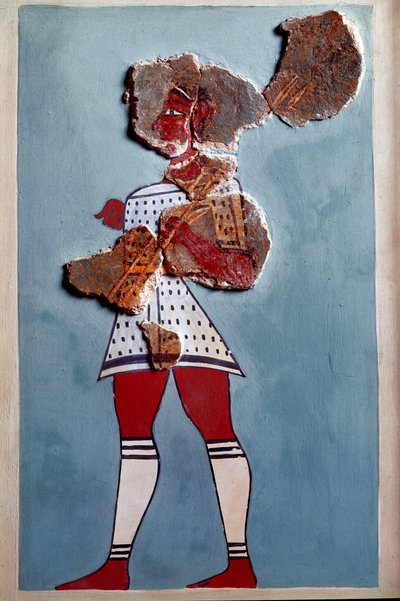Art mycénien : guerrier. Fragment de fresque du palais de Tirynthe et reconstitution - Mycenaean