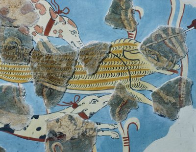 Fresque du palais de Tirinto (Grèce). Détail : groupe de chiens attaquant un sanglier. Civilisation mycénienne - Mycenean