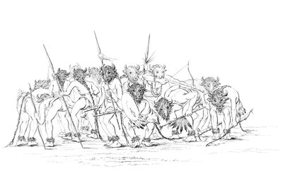 Chasseurs amérindiens dansant avec des masques de buffle, 1841 - Myers and Co
