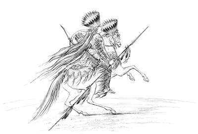 Amérindien avec des armes et une coiffe, à cheval, 1841 - Myers and Co