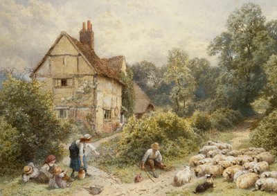 Ferme de Fowl House, Witley, avec des enfants, un berger et un troupeau de moutons à proximité - Myles Birket Foster