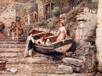 Vue de Clovelly, avec bateau échoué et personnages, 1882 - Myles Birket Foster