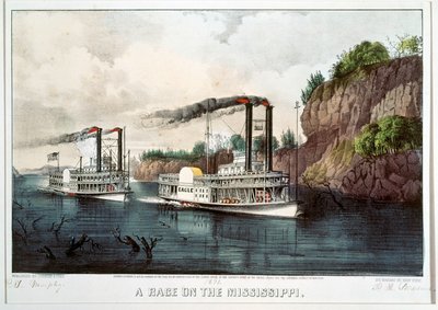 Une course de bateaux à vapeur sur le Mississippi (épreuve coloriée) - N. and Ives J.M. (1824-95) Currier