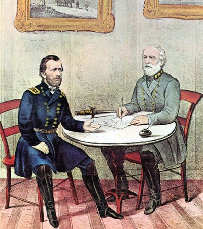 Guerre civile américaine : Les généraux Grant (à gauche) et Lee se rencontrant le dimanche des Rameaux 1865 pour élaborer les termes de la reddition de l