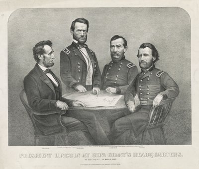 Le président Lincoln au quartier général du général Grant, vers 1865 - Currier and Ives