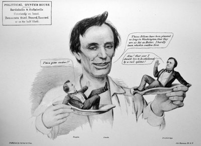 Illustration de Currier & Ives du 19ème siècle. Honest Abe les prenant sur la demi-coquille - N. and Ives, J.M. Currier