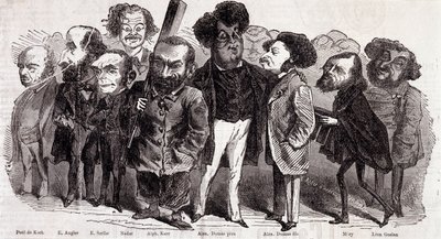 Portraits des écrivains Paul de Kock (1793-1871), Émile Augier (1820-1889), Eugène Scribe (1791-1861), Félix Nadar, Alphonse Karr (1808-1890), Alexandre Dumas père (1802-1870) et Alexandre Dumas fils (1824-1895), Joseph Méry (1798-1866) et Léon Gozlan (180 - Nadar