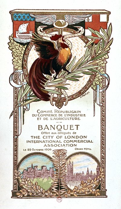 Coq et Monuments, menu de banquet du Comité Républicain du Commerce, de l