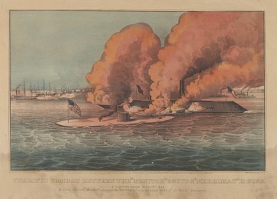 Combat terrible entre le Monitor 2 canons et le Merrimac 11 canons - À Hampton Roads, mars 1862 - Currier and Ives