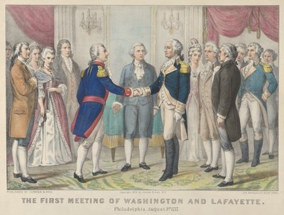 La première rencontre de Washington et Lafayette—Philadelphie, 3 août 1777, 1876 - Currier and Ives