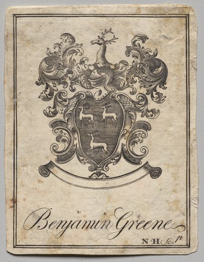 Ex-libris : Armoiries avec inscription Benjamin Greene - Nathaniel Hurd