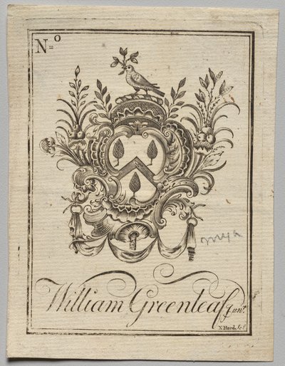 Ex-libris : Armoiries avec inscription de William Greenleaf Jun.r - Nathaniel Hurd