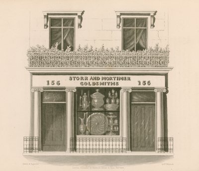 Façade de magasin de style ionique de Messieurs Storr et Mortimer, orfèvres et bijoutiers, n° 156, Bond Street, Londres - Nathaniel Whittock
