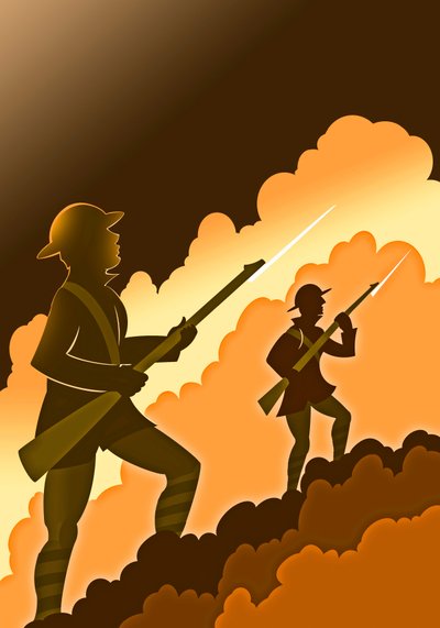 Soldats de la Première Guerre mondiale avec baïonnettes - sortant des tranchées - Neale Osborne
