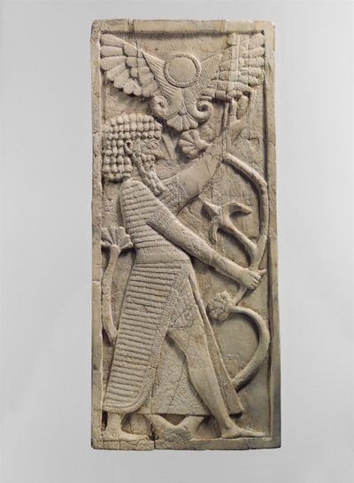 Plaque de meuble sculptée en relief avec une figure masculine saisissant un arbre, c.8e siècle av. J.-C. - Neo Assyrian Neo Assyrian